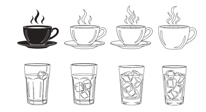 Assorted coffee mugs with steam and iced glasses showcasing warm and cold beverages in a caf&eacute; setting.