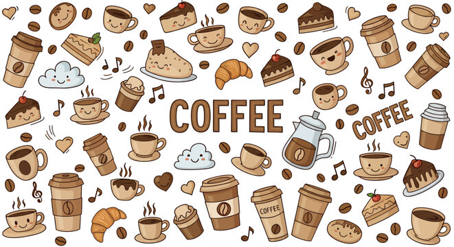 A collage of coffee cups, mugs, beans, and cafe scenes showcasing espresso beverages and steam aromas.
