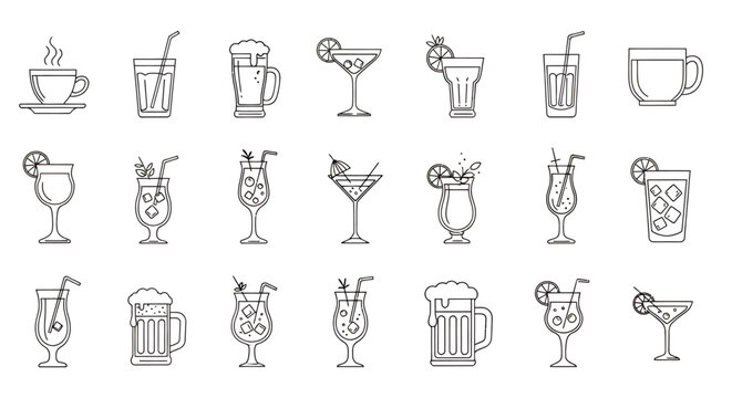 Collection of Various Beverage Glasses and Mugs Line Icons.