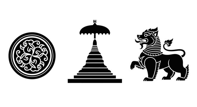 Myanmar Cultural Symbols: Chinthe Lion, Pagoda, and Traditional Art Circle