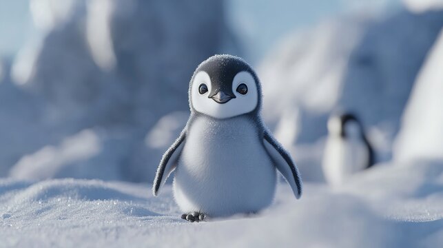 Adorable baby penguin standing on snowy winter landscape