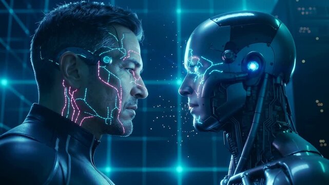 Sci Fi Man and Humanoid Robot Digital Interaction