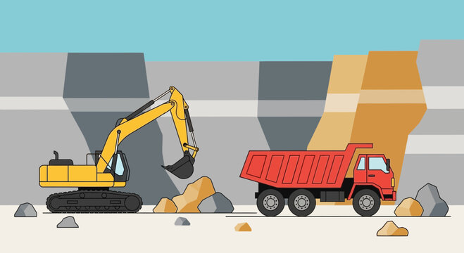 Excavator and red dump truck loading.
