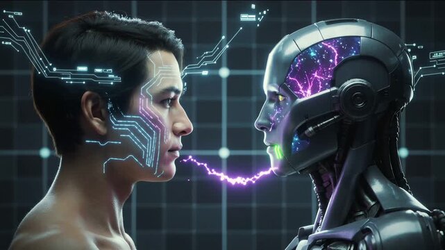 Human and Female AI Robot Face to Face in Futuristic Scene