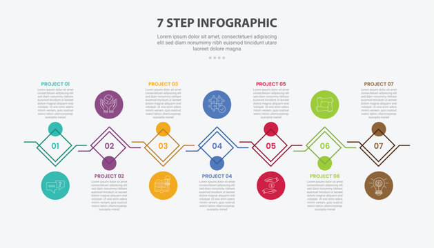 7 points template infographic outline style with 7 point stage or step template with rhombus with circle combination up and down wave on horizontal direction for slide presentation