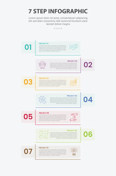 7 points template infographic outline style with 7 point stage or step template with line box divider on vertical list opposite direction for slide presentation