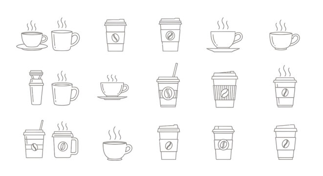 Collection of hand-drawn beverage icons featuring coffee cups, teapots, mugs and cups in various sizes.