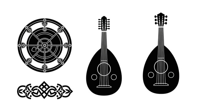 Set of ancient musical instruments and decorative elements, black silhouette