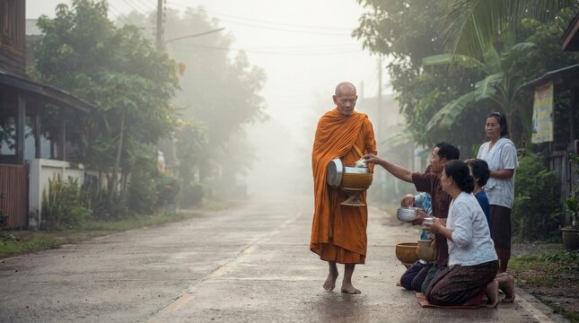 Thai Buddhist monk collecting alms at dawn in orange robes
