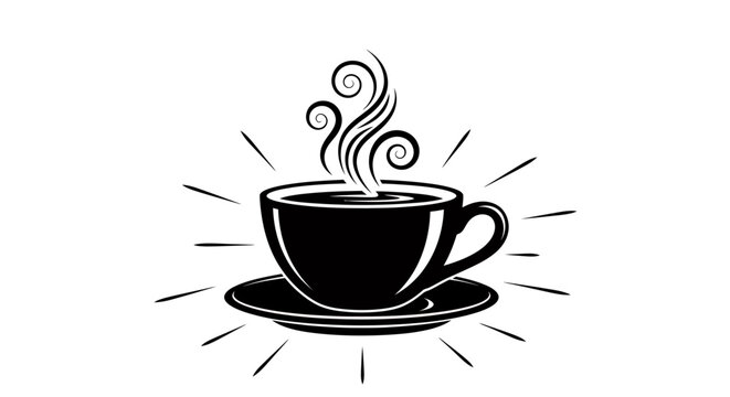 Steaming coffee cup illustration with bold black mug and radiant steam.