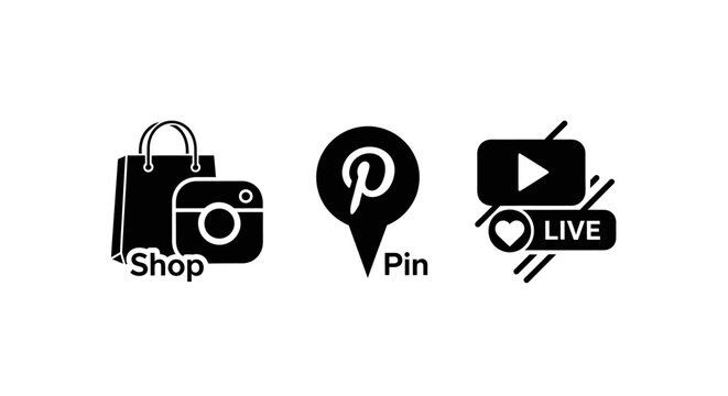 Social Media Icons: Shopping Bag, Camera, Pinterest Pin, Live Stream Play Button