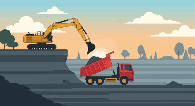 Red dump truck carrying heavy load.