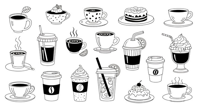 Collection of assorted coffee, tea, and beverage cups and containers in doodle style.