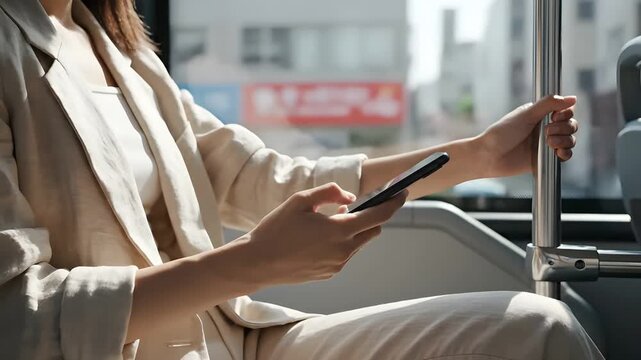 Businesswoman using smartphone while commuting on a bus, perfect for corporate design, business presentations, and website hero headers