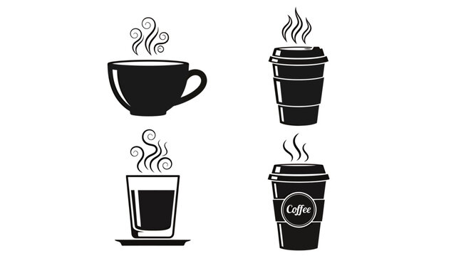 Assorted coffee beverages represented by cups, mugs and a to-go cup icon set.