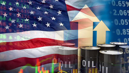 Black oil barrels stand overlaid on the U.S. flag and financial figures. It illustrates the pressure of rising energy costs on national infrastructure and fiscal health © le
