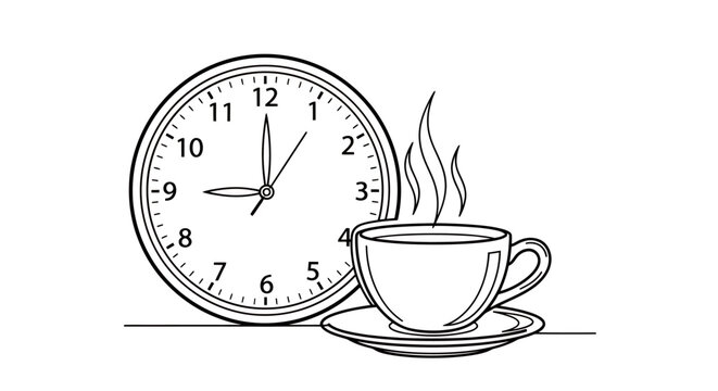 Morning Clock and Steaming Cup: A Cozy Breakfast Scene.