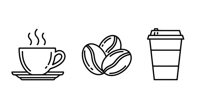 Morning coffee scene featuring a hot cup, coffee beans, and a takeaway cup.