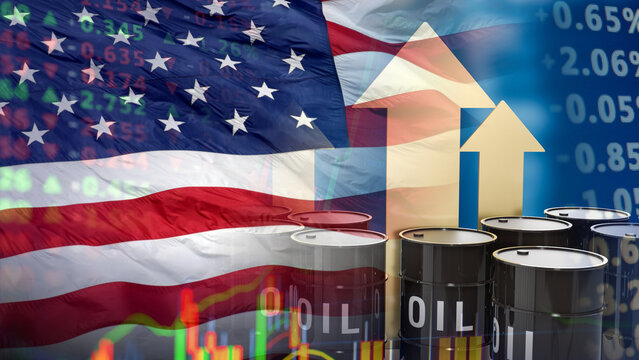 Black oil barrels stand overlaid on the U.S. flag and financial figures. It illustrates the pressure of rising energy costs on national infrastructure and fiscal health