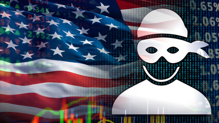 A hacker silhouette stands overlaid on the U.S. flag and financial data. It illustrates the growing threat of cyber warfare and digital theft to national stability.  © le