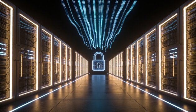 Minimalist 3D render wide-angle corridor of glowing server racks converging to a vanishing point with giant central padlock, floating ceiling data stream ribbons, dark atmospheric futuristic backgroun