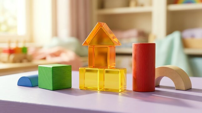 Colorful Wooden Toy Blocks Arranged on a Table for Kids Play