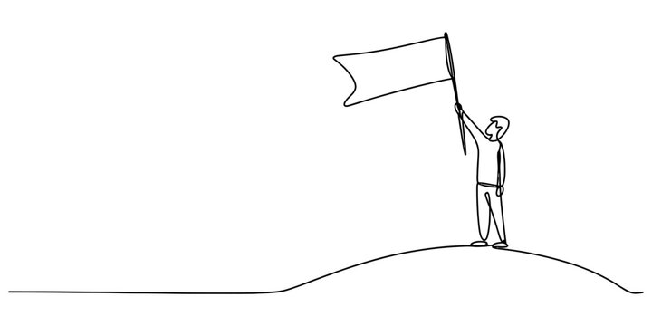Continuous line drawing of a person holding a blank flag standing on top of a hill representing achievement and success for business leadership goals