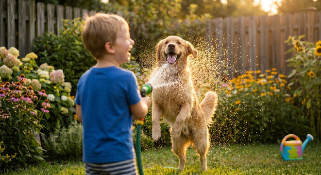 humorous image - taking care of pets in the heat. cooling a dog with water
