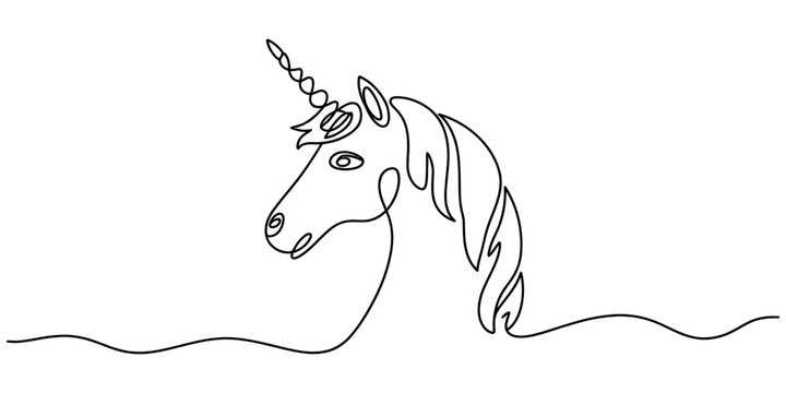 Minimalist continuous single line drawing of a unicorn head with a magical horn for simple creative art design projects and fantasy logo illustrations