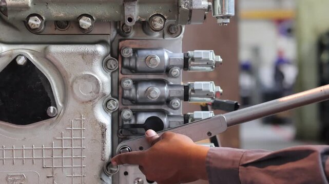 A professional technician uses a large manual torque wrench to precisely tighten bolts on a metal engine housing during a maintenance and repair procedure in an industrial workshop.