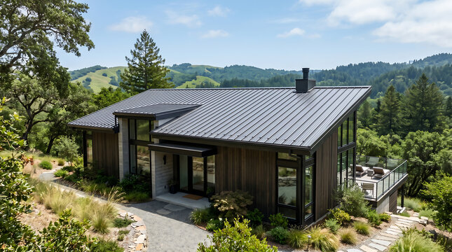 Sleek metallic standing seam roof featuring a modern house, representing durable modern architecture and premium metal construction.
