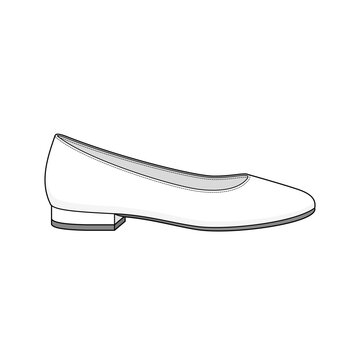 Classic Ballet Flat Shoes Technical Fashion Illustration. Women Footwear Vector Template. Side View. Rounded Toe. Minimal Classic Design. Everyday Wear. CAD Mockup Set.