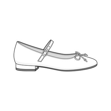 Classic Mary Jane Ballet Flats with Bow Detail Technical Fashion Illustration. Women Footwear Vector Template. Side View. Strap Closure. Rounded Toe. Minimal Classic Design. CAD Mockup Set.