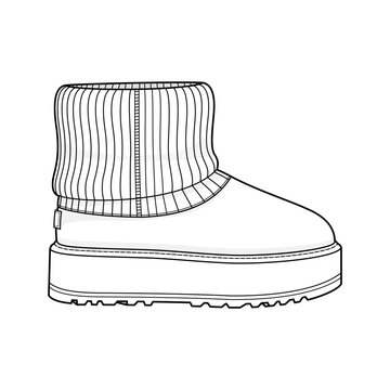 Winter Platform Ankle Boots with Ribbed Knit Cuff Technical Fashion Illustration. Women Footwear Vector Template. Side View. Chunky Sole. Modern Casual Design. CAD Mockup Set.