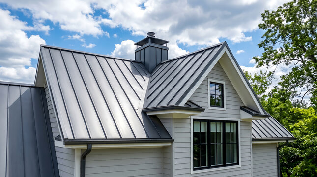 Standing seam metal roof featuring sleek dark gray panels and clean lines on a modern house, for durable, energy-efficient, and contemporary architectural design.