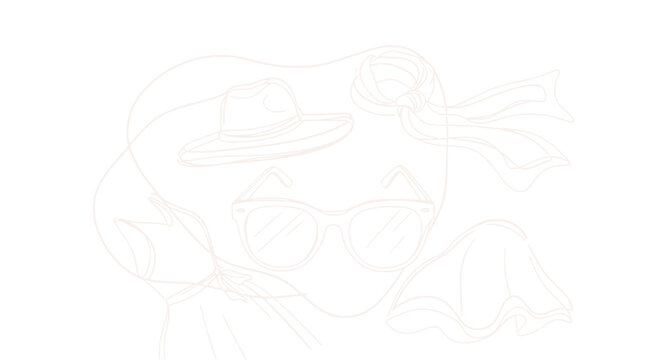 Stylized sketch of a woman with sunglasses and hat, windblown hair, fashion illustration