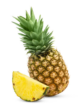 Fresh ripe pineapple and pineapple slice isolated on white background. Juicy pineapple and slice of ananas with clipping path.