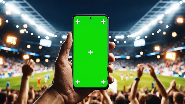 Vertical Hand Pointing Green Screen Smartphone Toward Soccer Pitch AR Overlay Mockup