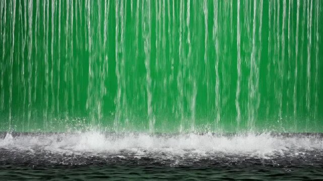 A continuous curtain of water cascades down against a vibrant green background