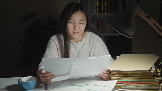Woman studying with open papers and hands pressed to face at a building desk, blue mug and stacked folders beside her; late night fatigue.