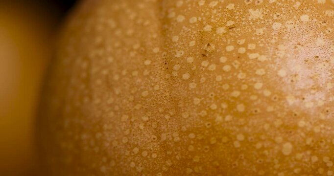 The golden surface of the pear with spots, the organic surface of the pear shows a heterogeneous pattern of pores and light areas of tissue.