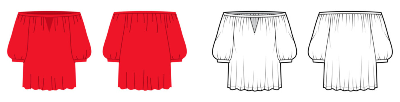 Off shoulder peasant top with elastic neckline, gathered bodice short sleeves with relaxed loose silhouette and soft volume. Technical fashion illustration in black white and color, front back views