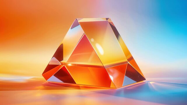 Geometric Prism in Vivid Light: A transparent prism refracts light, displaying a spectrum of colors and geometric perfection against a gradient backdrop, creating a captivating visual effect.