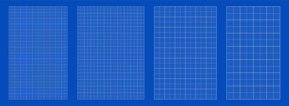 Blueprint grid set millimeter node geometry, four scale variations. Wide medium dense micro spacing comparison, engineering layouts dashboards notebook pages interface planning systems graphics.