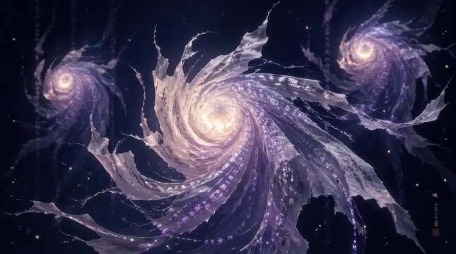 Ethereal luminous swirling cosmic vortexes with glowing ancient cryptic glyphs floating in deep dark space. Cinematic wide digital art composition for futuristic background or banner concepts.