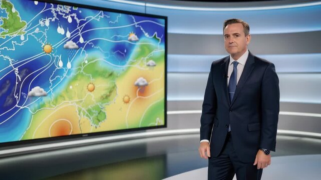 Professional weatherman presenting detailed weather forecast on modern digital map in studio