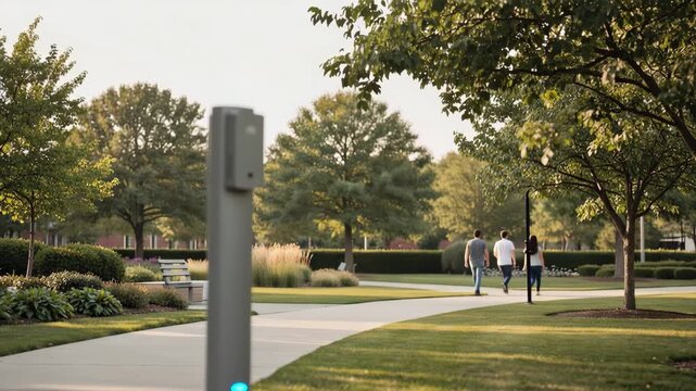 Smart Wi-Fi device in peaceful park with people walking technology in outdoor urban lifestyle