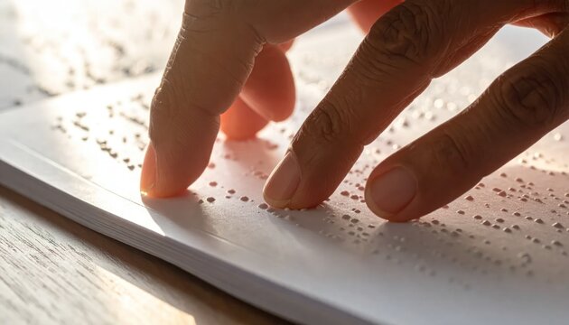 Person Reading Braille Book Closeup.