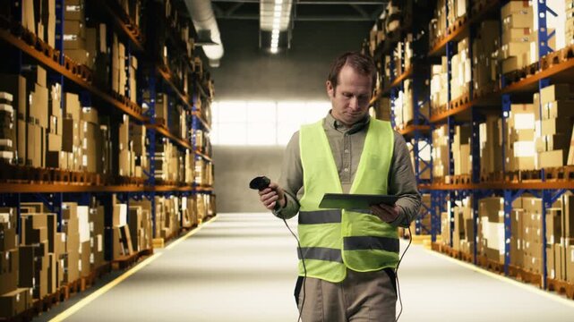 Professional staff scanning barcodes during order fulfillment process. Warehouse management system overseeing inventory for reliable e-commerce shipping and global delivery operations.