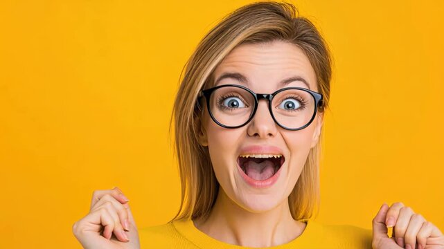 Astonished Expression: A close-up shot of a blonde woman wearing glasses, her face is a portrait of pure surprise and delight.